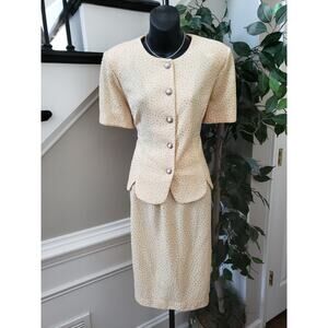 Leslie Fay Skirt Suit Set Women 10 Beige Glitter Dots Short Sleeve Button Front